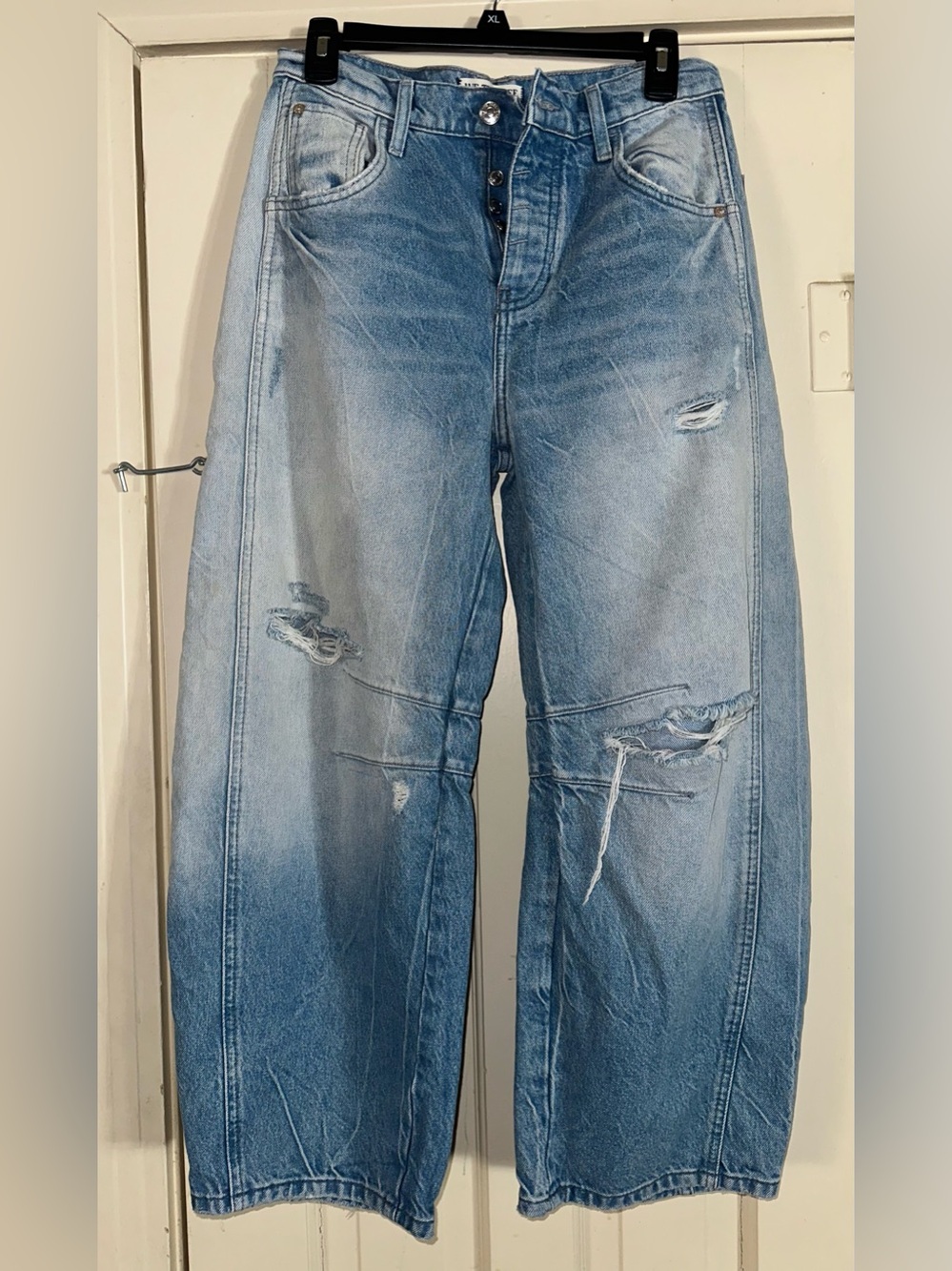 FREE PEOPLE GOOD LUCK MID RISE BARREL JEANS Barnyard Blue